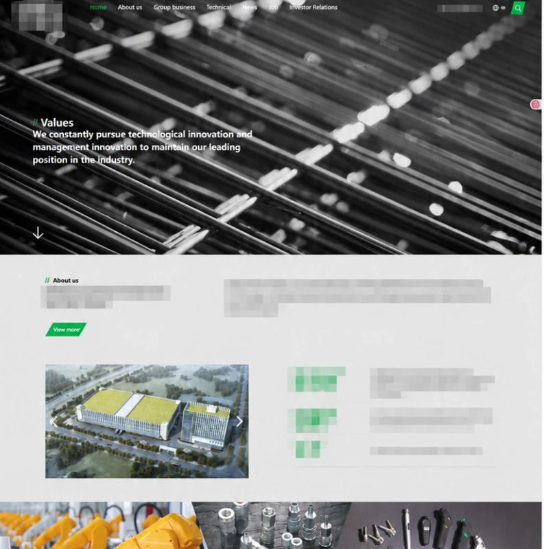 B2B industrial manufacturing website homepage design featuring automation, pneumatic components, automotive parts, maintenance tools and pipe fittings.